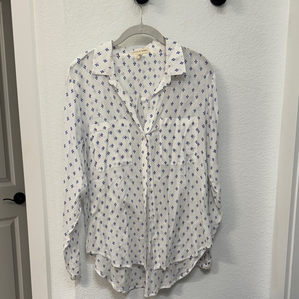 Anthropologie White and Blue Floral Button-Up Blouse